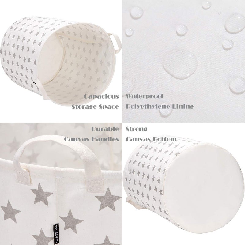 Sea Team 19.7 Inches Large Sized Waterproof Coating Ramie Cotton Fabric Folding Laundry Hamper Bucket Cylindric Burlap Canvas Storage Basket with Stylish Stars Design (19.7", Grey Star) - Image 4
